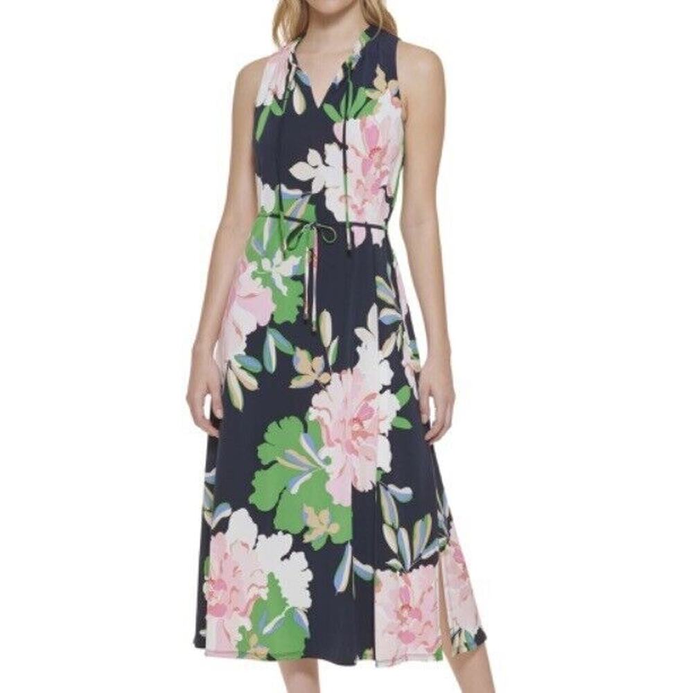Tommy Hilfiger Dress Size 10 Sleeveless Blue Floral V Neck Maxi Dress Hawaiian